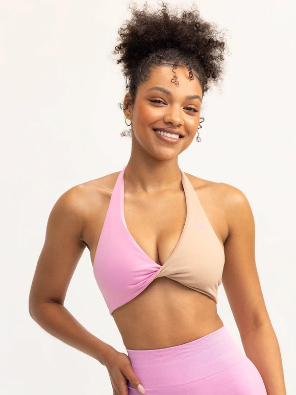 Duo Halter Twist Sports Bra - Musk Pink/Tan - M